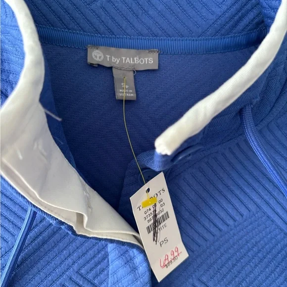 T by Talbots Blue Textured Pullover with White Trim NWT Small Petite - Picture 7 of 7